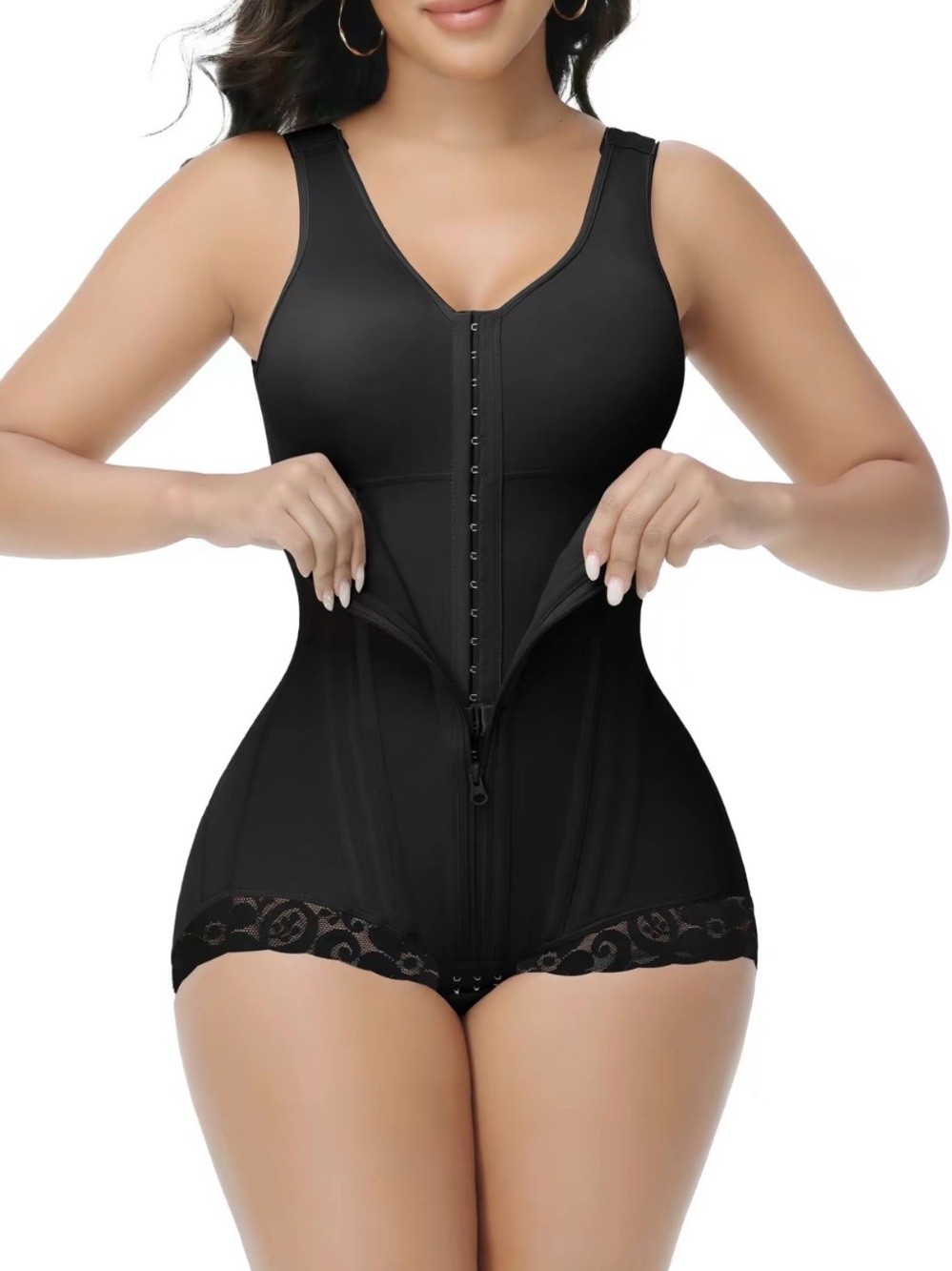 High-Compression Black Full-Body Sculpting Bodysuit with Front Zipper